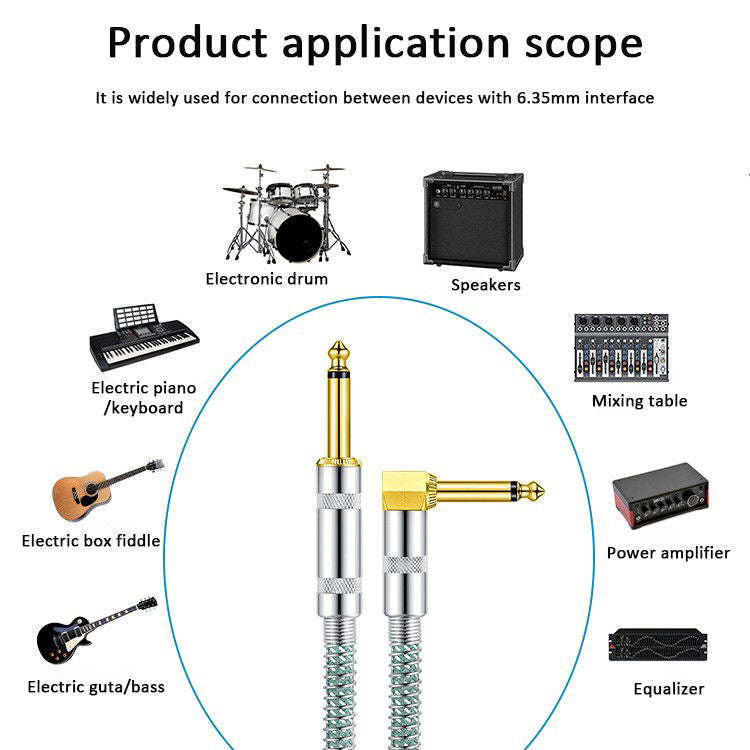 Guitar Cables Electric Guitar Chord 1/4 Inch Straight to Right Angle 6.35mm Gold Plated TS Plug Nylon Connect Guitar Instrument Cable for Guitar Bass Drum Audio Device