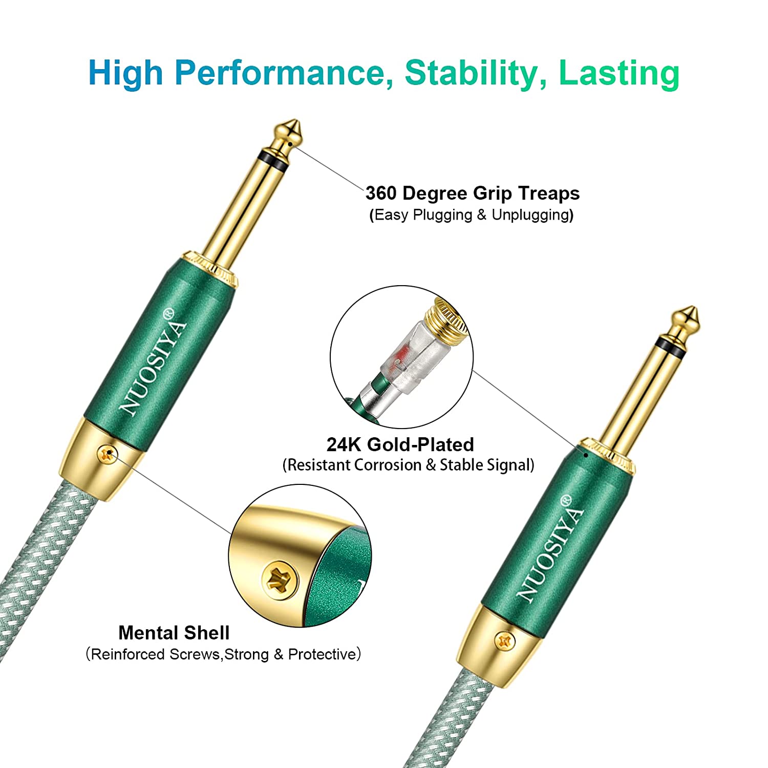 1/4 Inch Electric Instrument Cable Bass AMP Cord for Electric Guitar Bass Guitar Electric Mandolin Pro Audio Braided Tweed 24K Gold Plated Plug