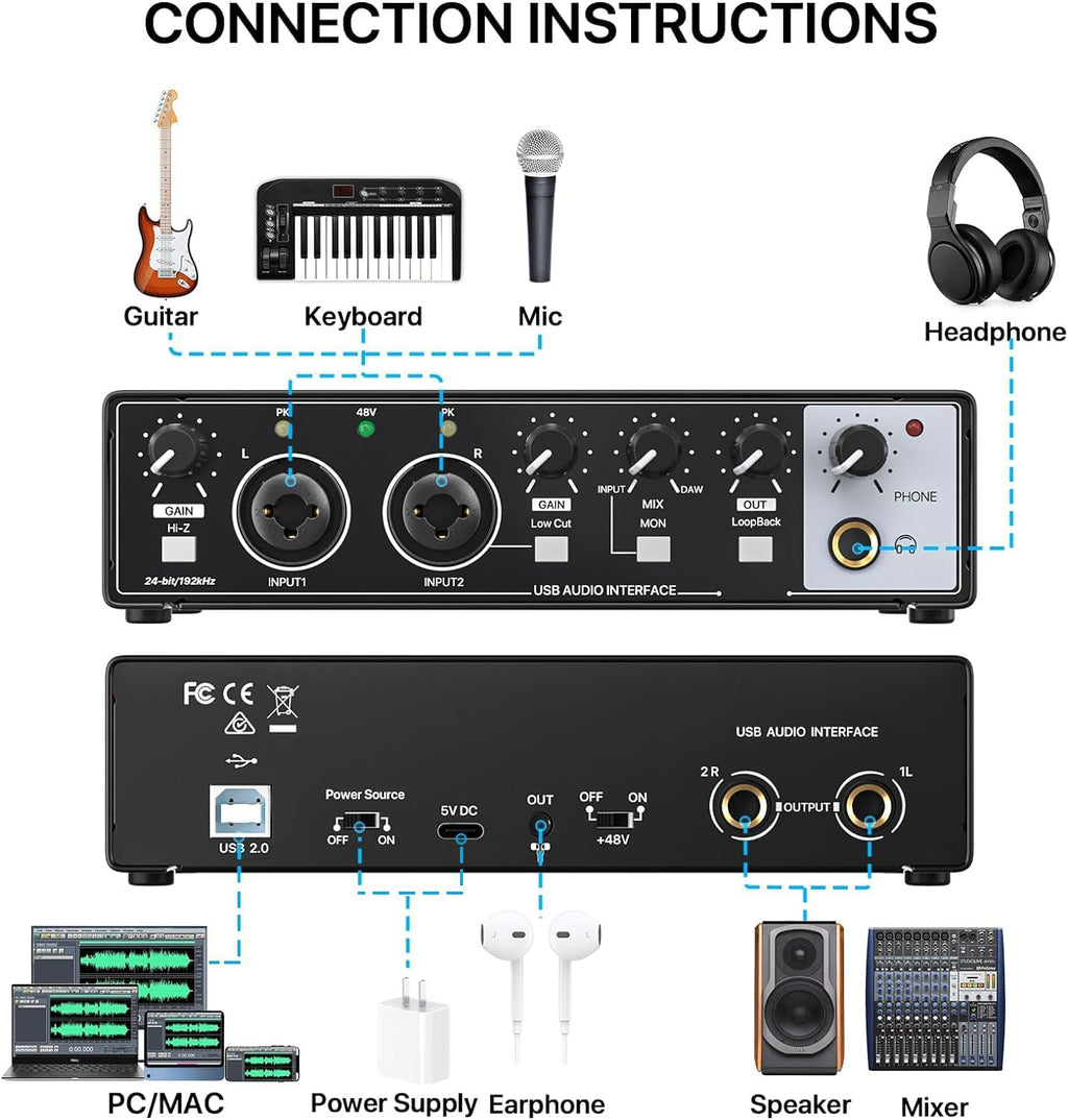 2i2 USB Audio Interface for PC and Mac, 24-bit/192kHz Plug and Play Interface for Recording Music, Studio, Guitar, Podcast, Streaming