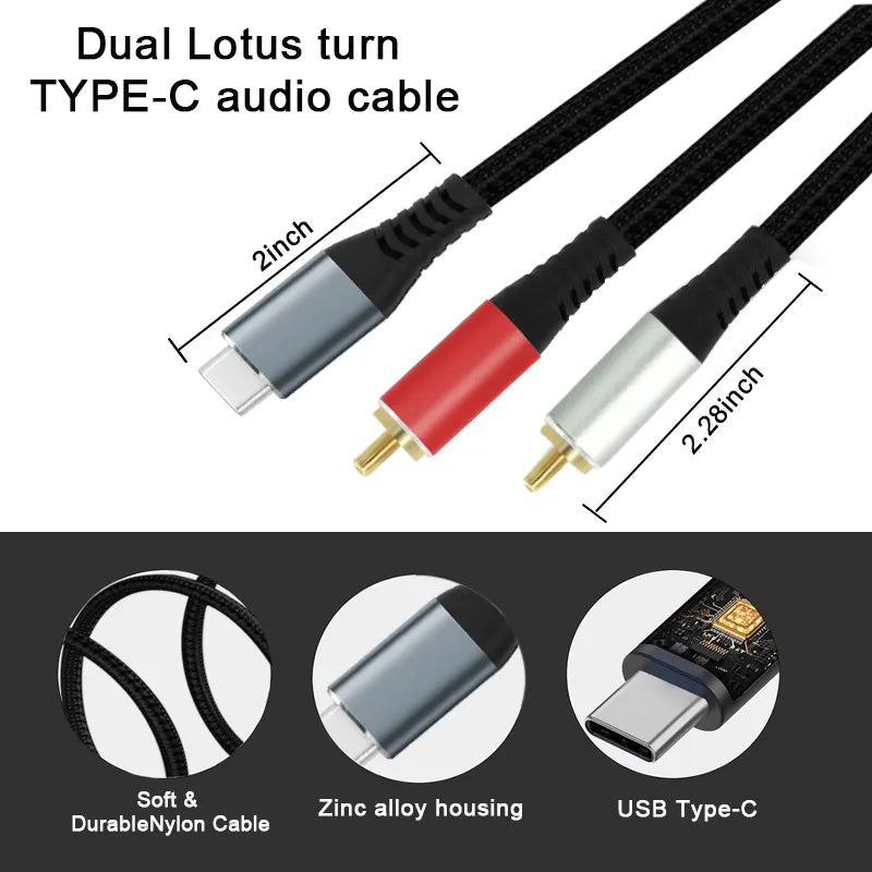 New Fashion USB C to 2 Male RCA Audio Stereo Cable Mobile Phone Gold Plated Plug Type-C to 2 Rca Y Splitter Adapter Cable