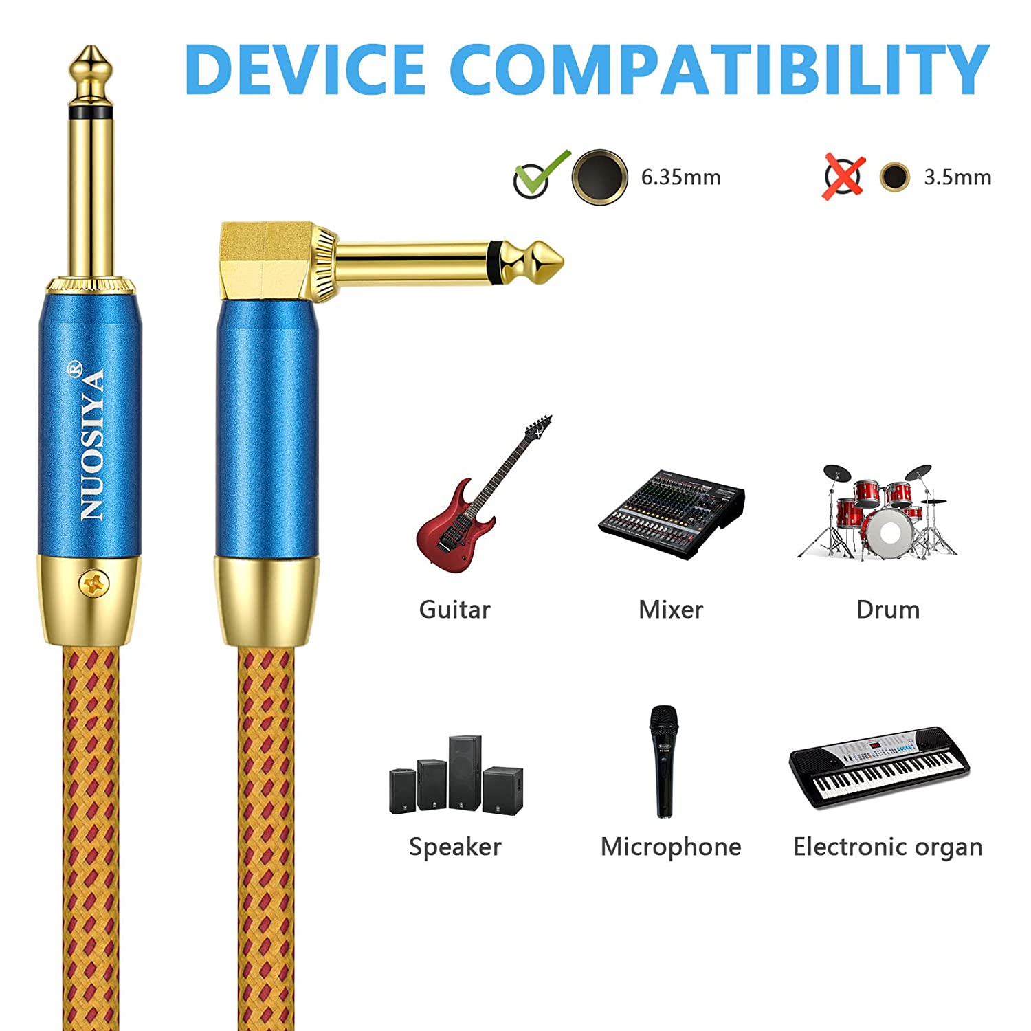6.35mm Electric Guitar Chord Instrument Cable L Shaped Guitar Cable Straight to Right Angle Gold Plated Plug for Bass